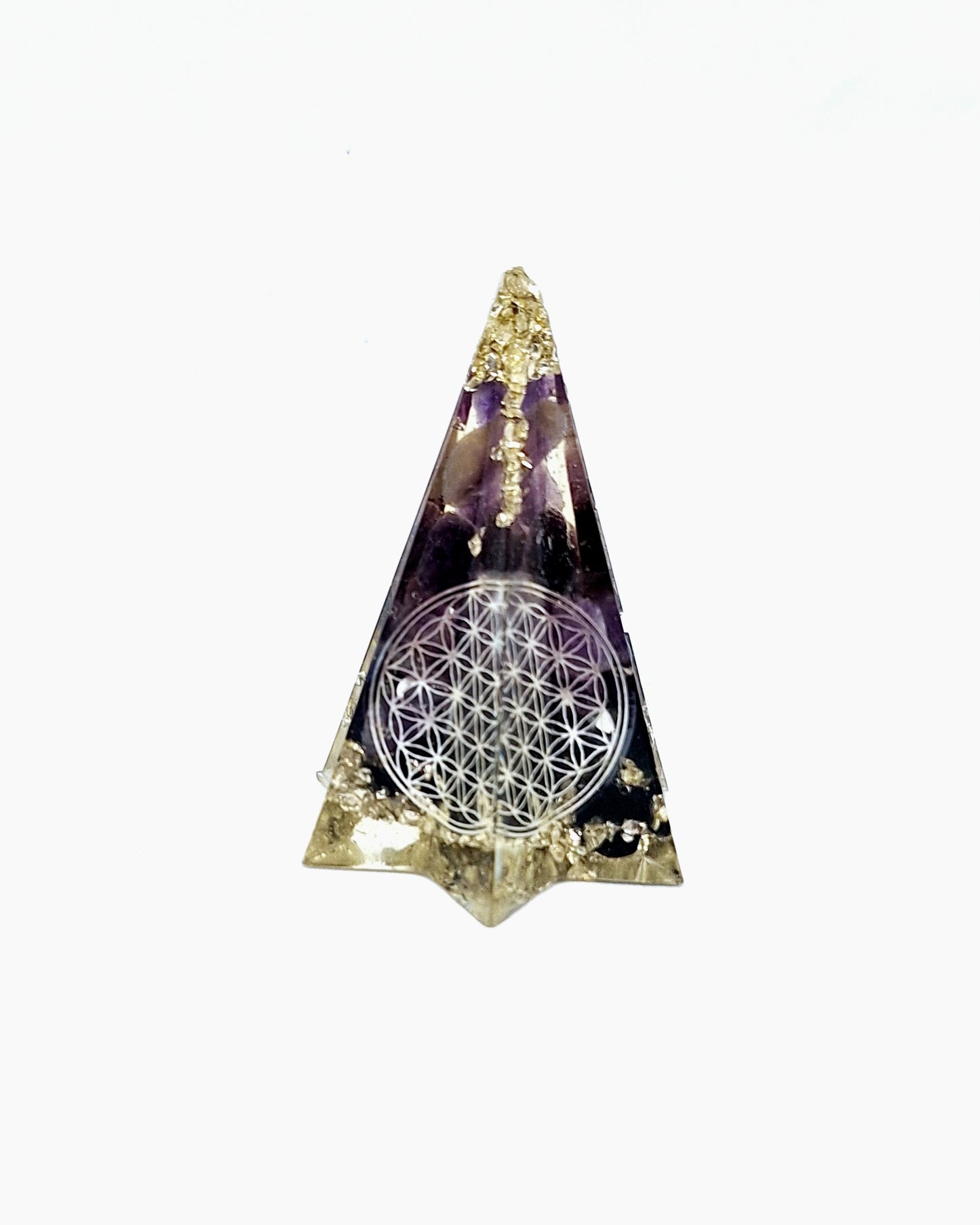 Orgonite - Poligone étoilée, fleur de vie, améthyste et obsidienne, aluminium
