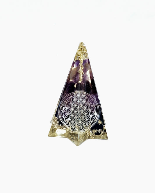 Orgonite - Poligone étoilée, fleur de vie, améthyste et obsidienne, aluminium