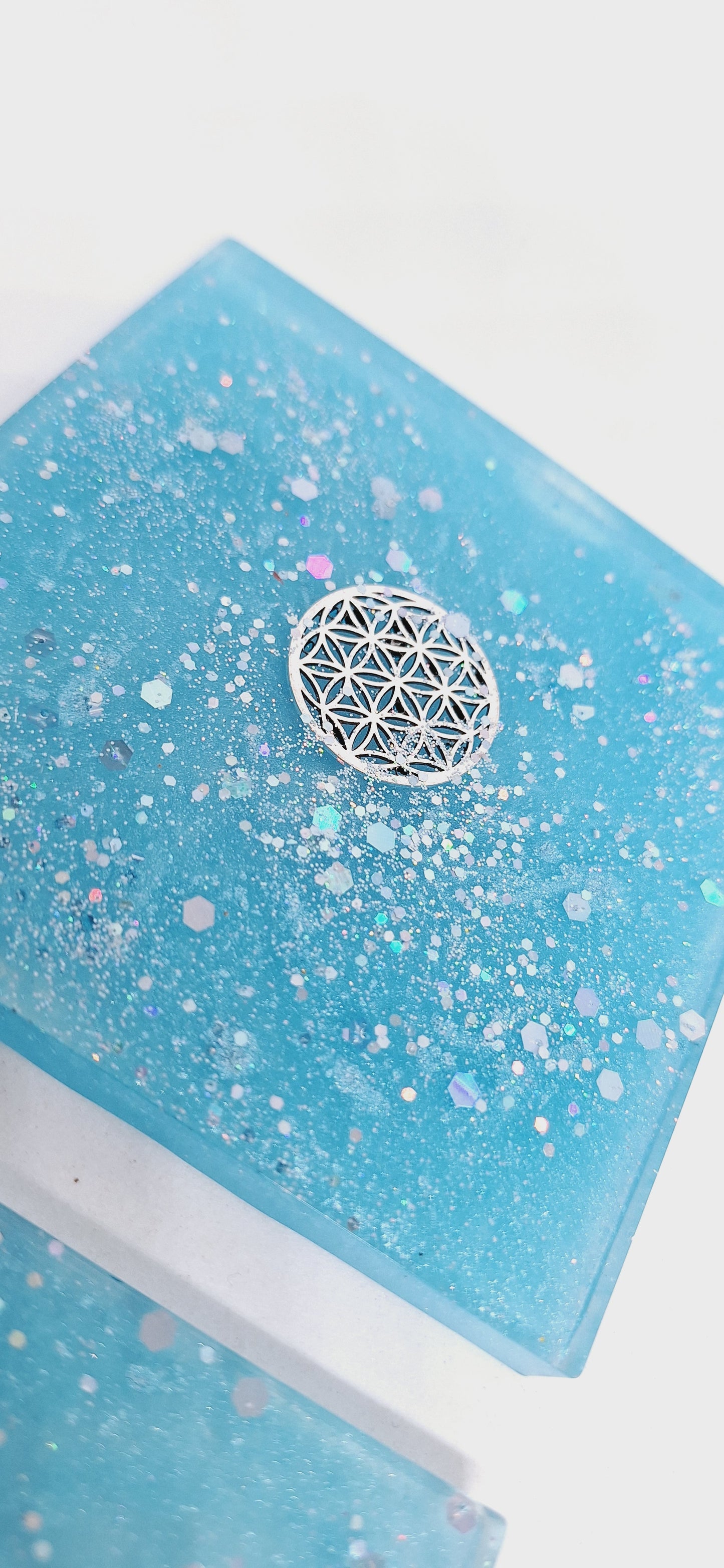 Plaque de rechargement carrée - Fleur de vie - Bleu clair doré ou argenté