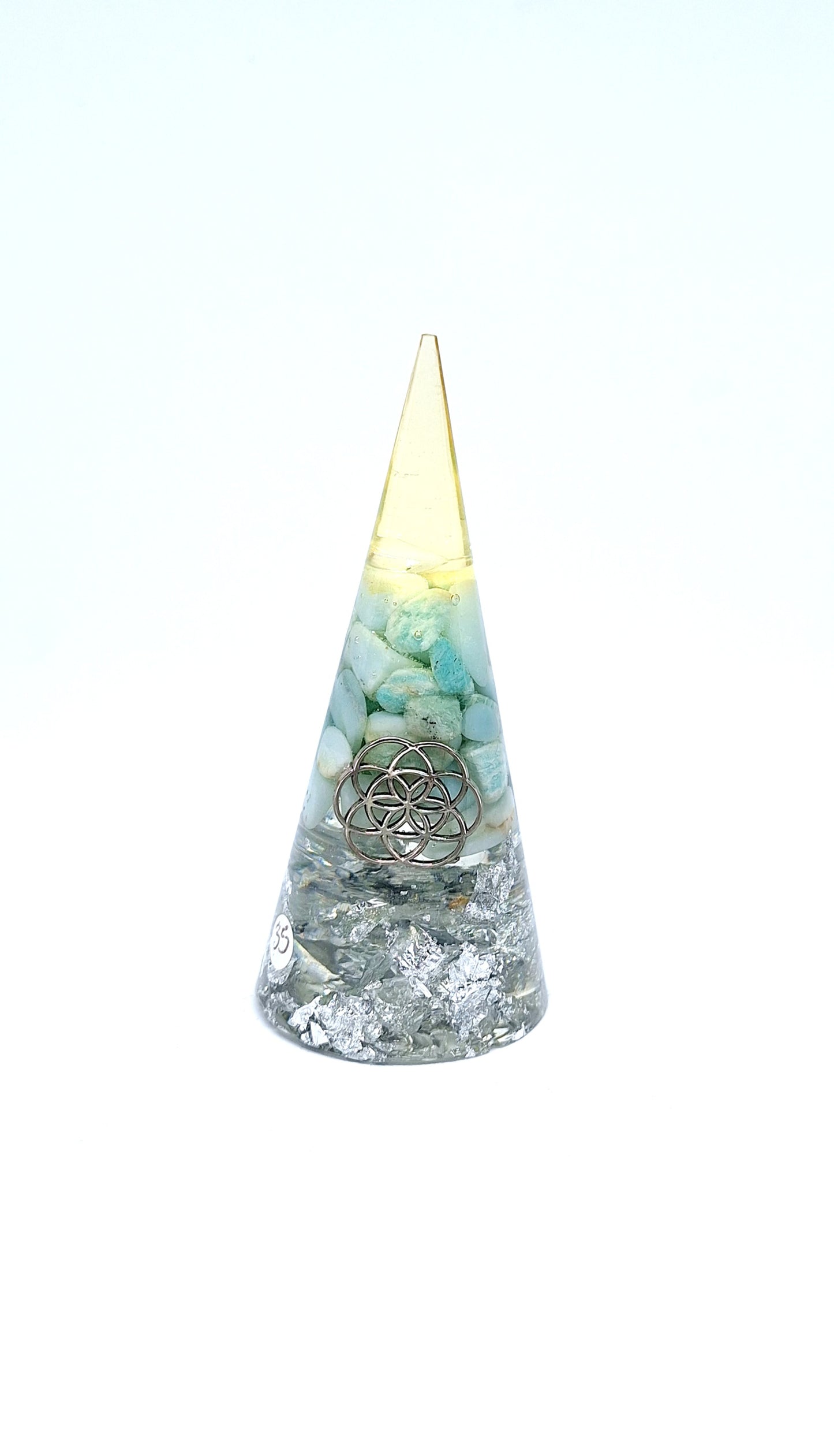 Orgonite cône L - Amazonite, Métatron, aluminium