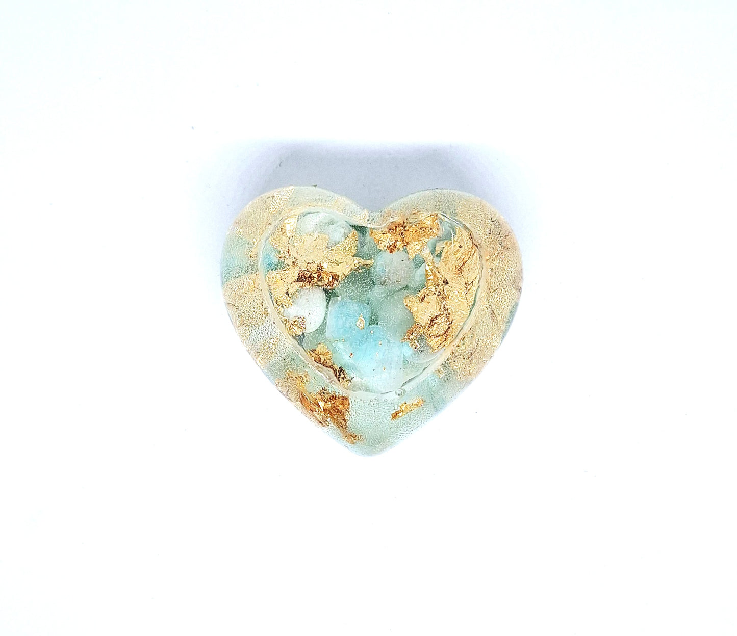 Orgonite Cœur L - Amazonite, or, infini 🩵