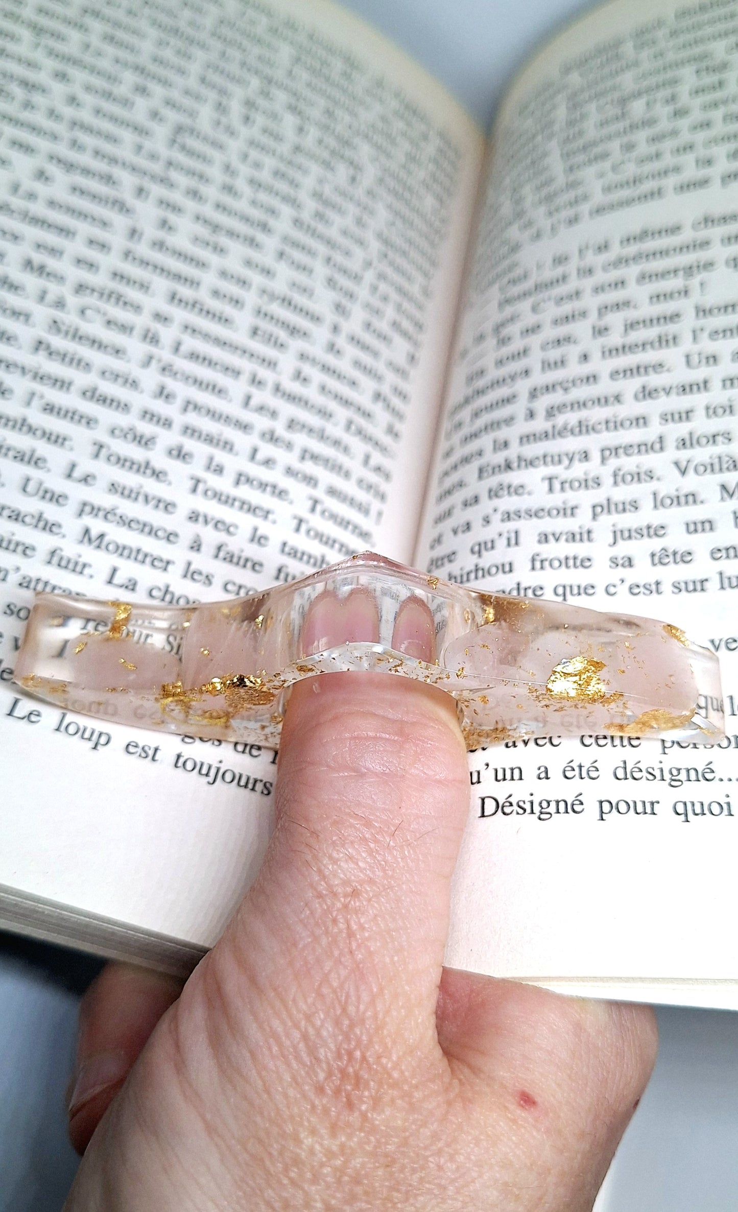 Bague de lecture orgonite - Quartz rose, soleil ou lune, or