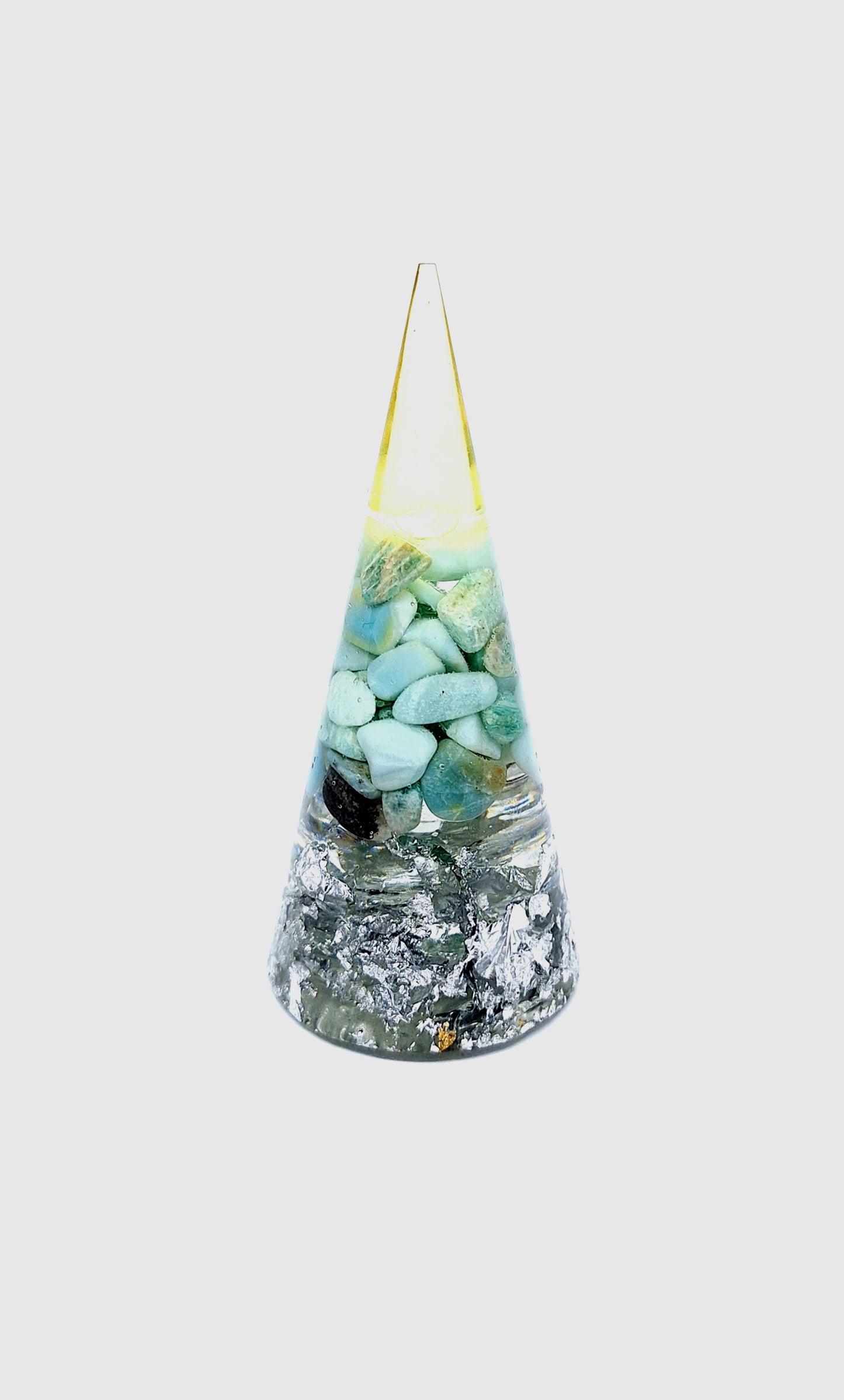 Orgonite cône L - Amazonite, Métatron, aluminium