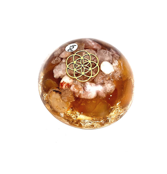 Orgonite dôme - Quartz hematoïde et agate jaune, graine de vie, or