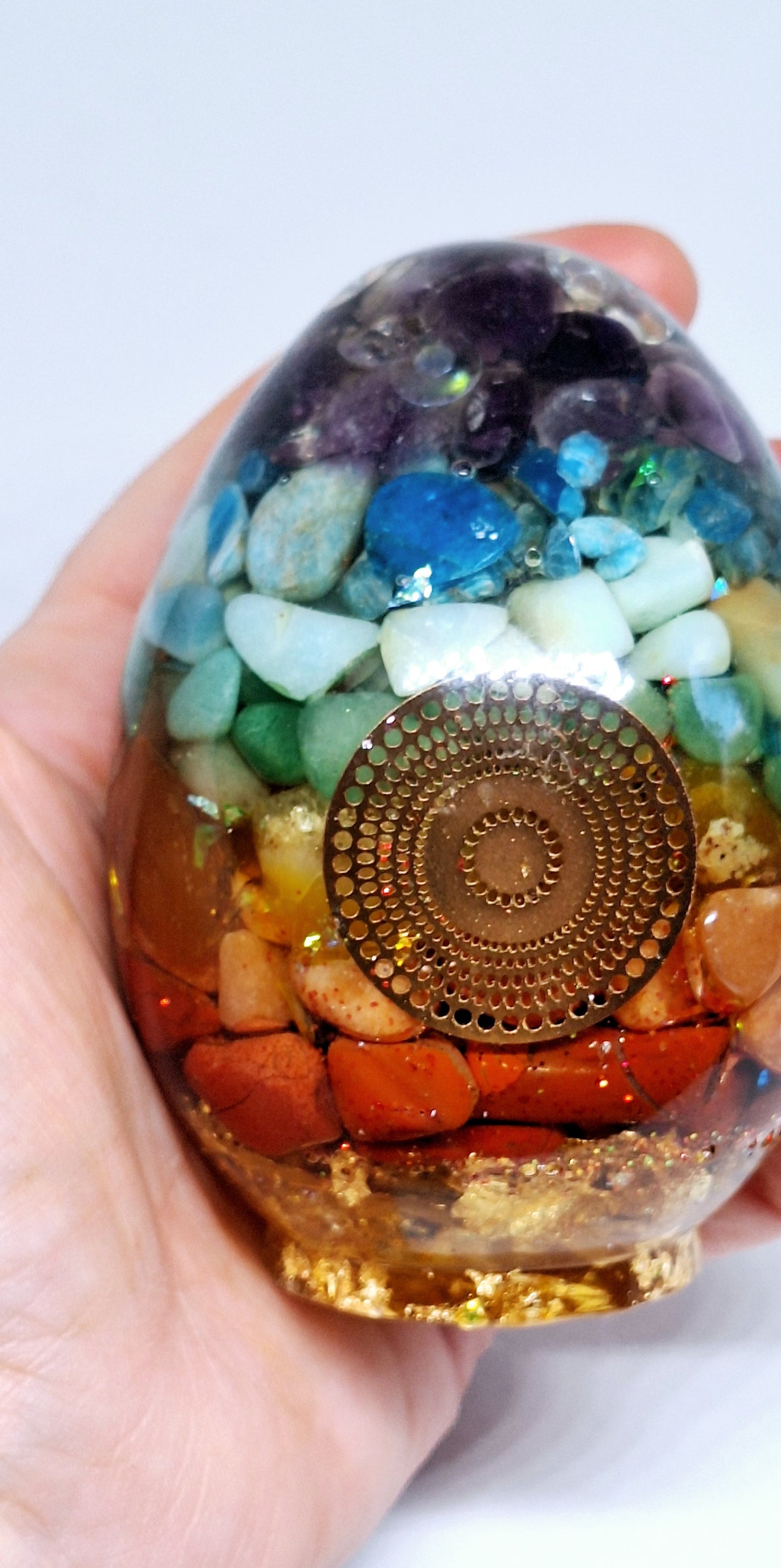 Œuf XL - Orgonite de rééquilibrage global et d'harmonisation des chakras, mandala, or