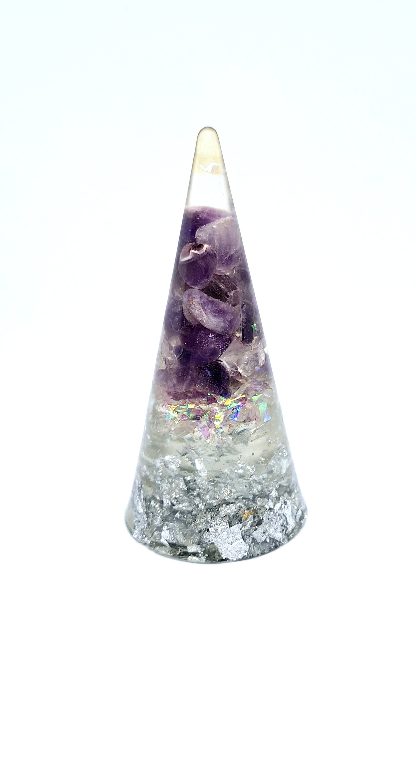 Orgonite cône XL - Améthyste et quartz, fleur de vie, aluminium