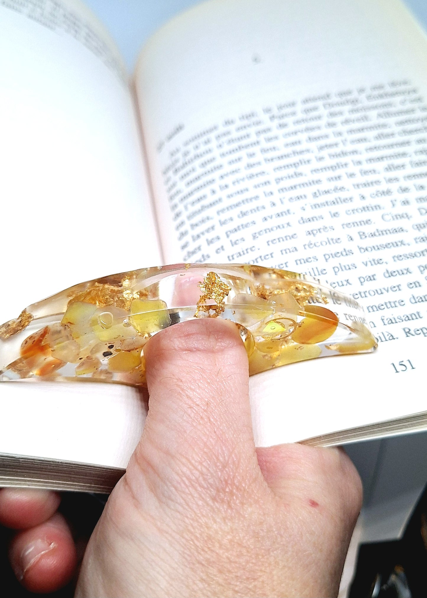 Bague de lecture orgonite Cœur - Agate jaune, soleil ou lune, or