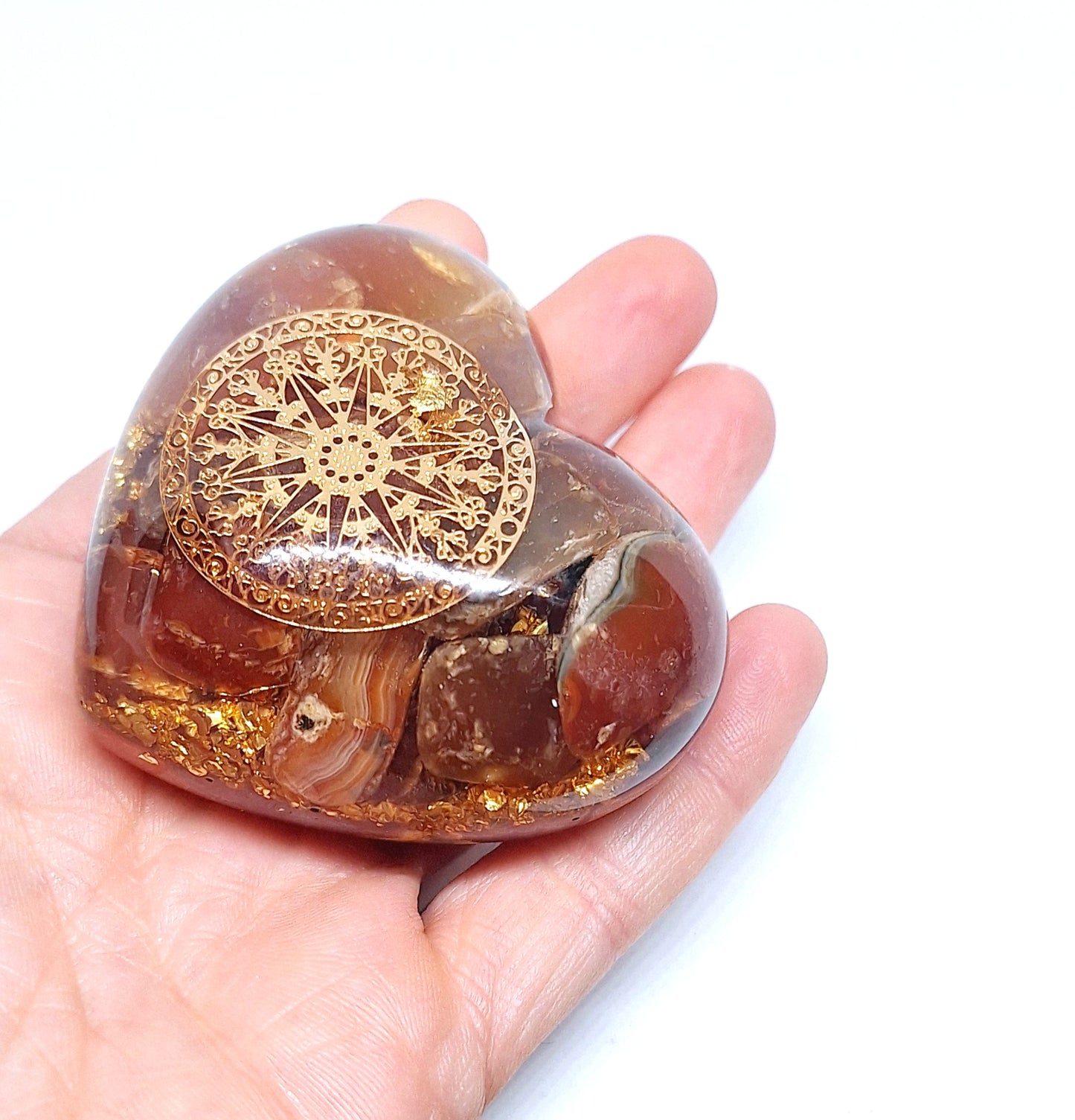 Orgonite Cœur L - Agate rouge, or, mandala ❤️