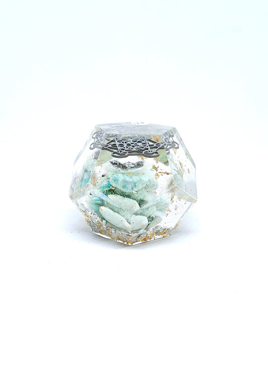 Orgonite Dodécaèdre Amazonite, Métatron, or et aluminium M