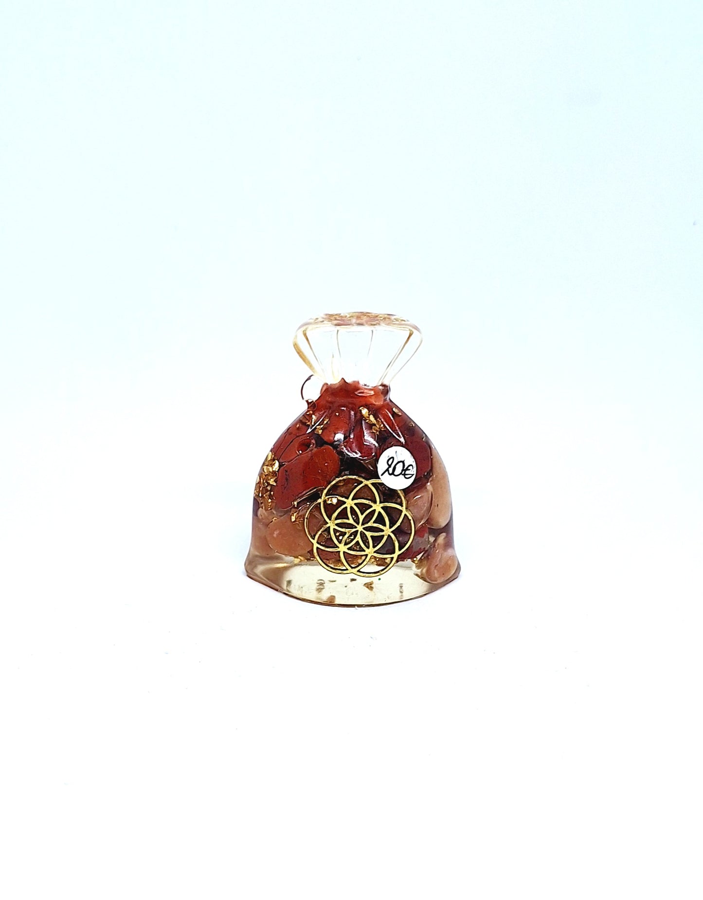 Orgonite Sachet - Jaspe rouge et aventurine orange, graine de vie, aluminium doré