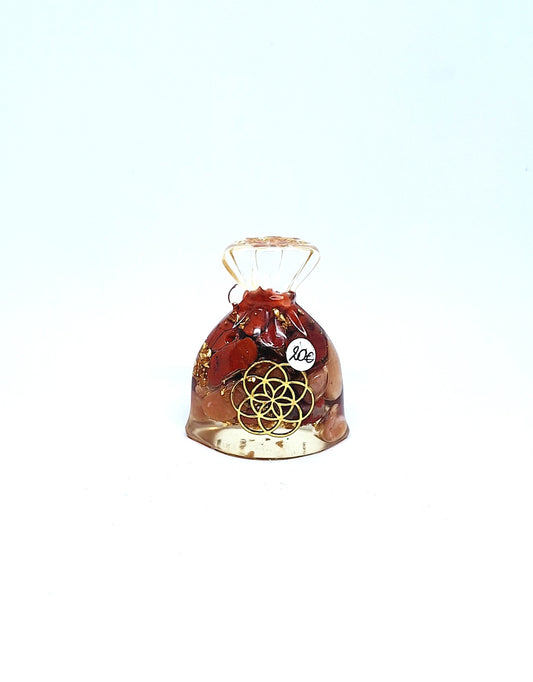 Orgonite Sachet - Jaspe rouge et aventurine orange, graine de vie, aluminium doré