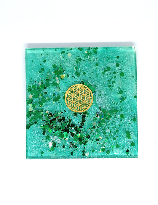 Plaque de rechargement carrée - Fleur de vie - Vert doré