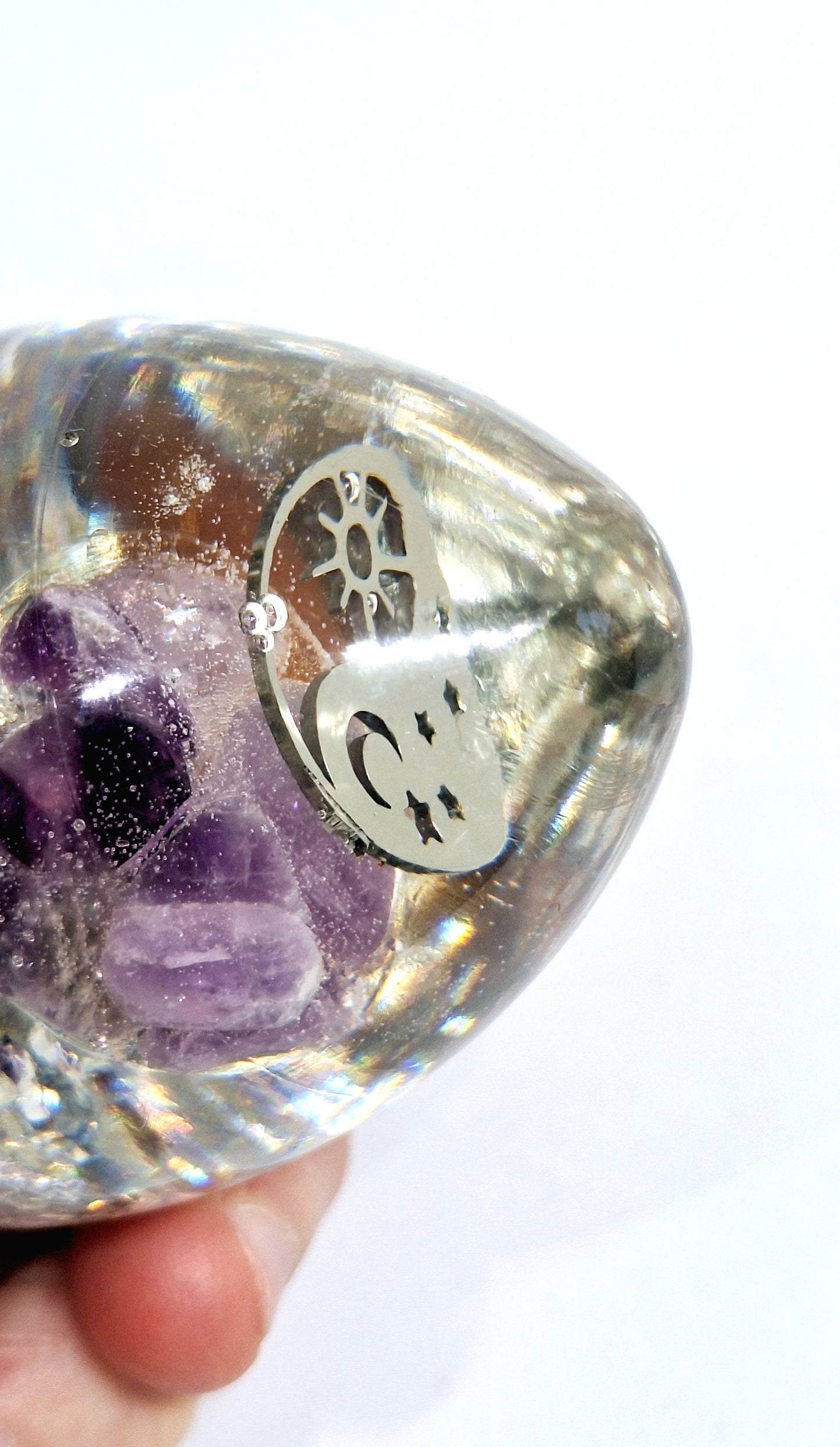Orgonite Œuf L - Améthyste, Yin Yang lune et soleil, aluminium