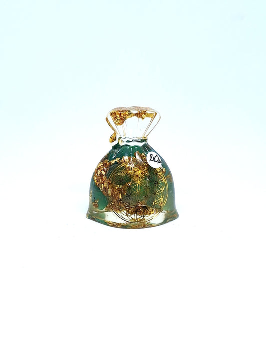 Orgonite Sachet - Agate verte, fleur de vie, aluminium doré