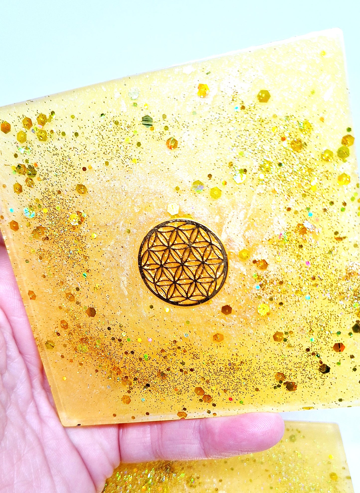 Plaque de rechargement carrée - Fleur de vie - Jaune doré