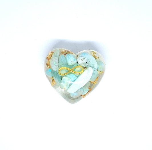 Orgonite Cœur L - Amazonite, or, infini 🩵