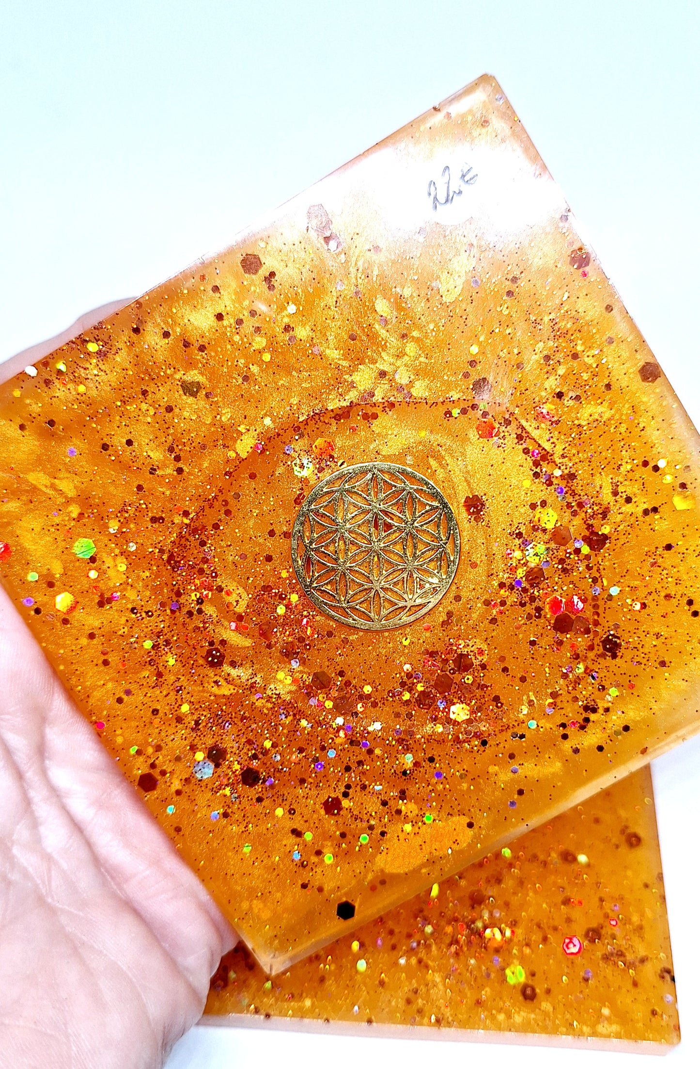 Plaque de rechargement carrée - Fleur de vie - Orange doré