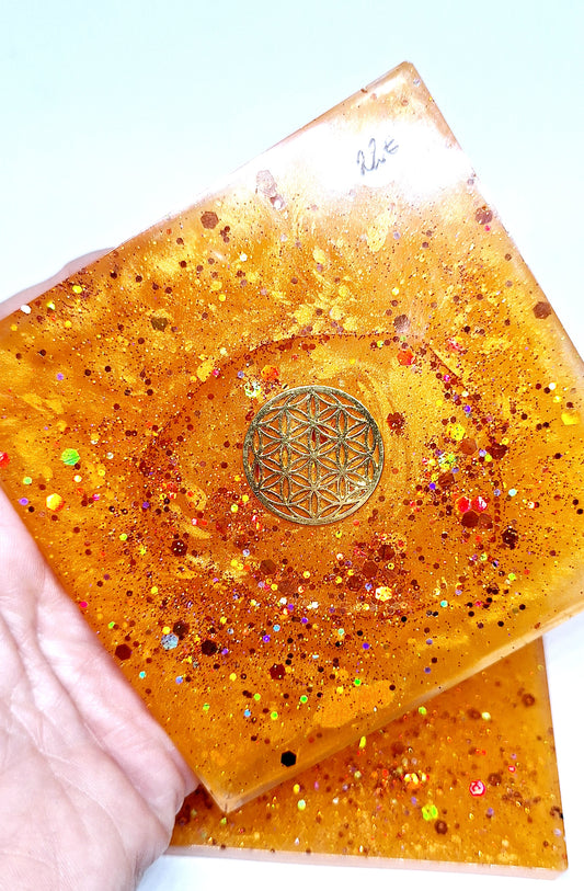 Plaque de rechargement carrée - Fleur de vie - Orange doré