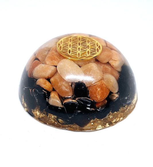 Orgonite dôme - Aventurine orange et obsidienne, or