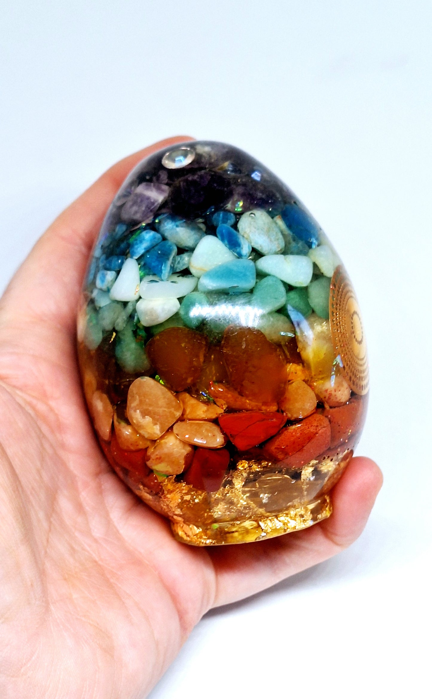Œuf XL - Orgonite de rééquilibrage global et d'harmonisation des chakras, mandala, or