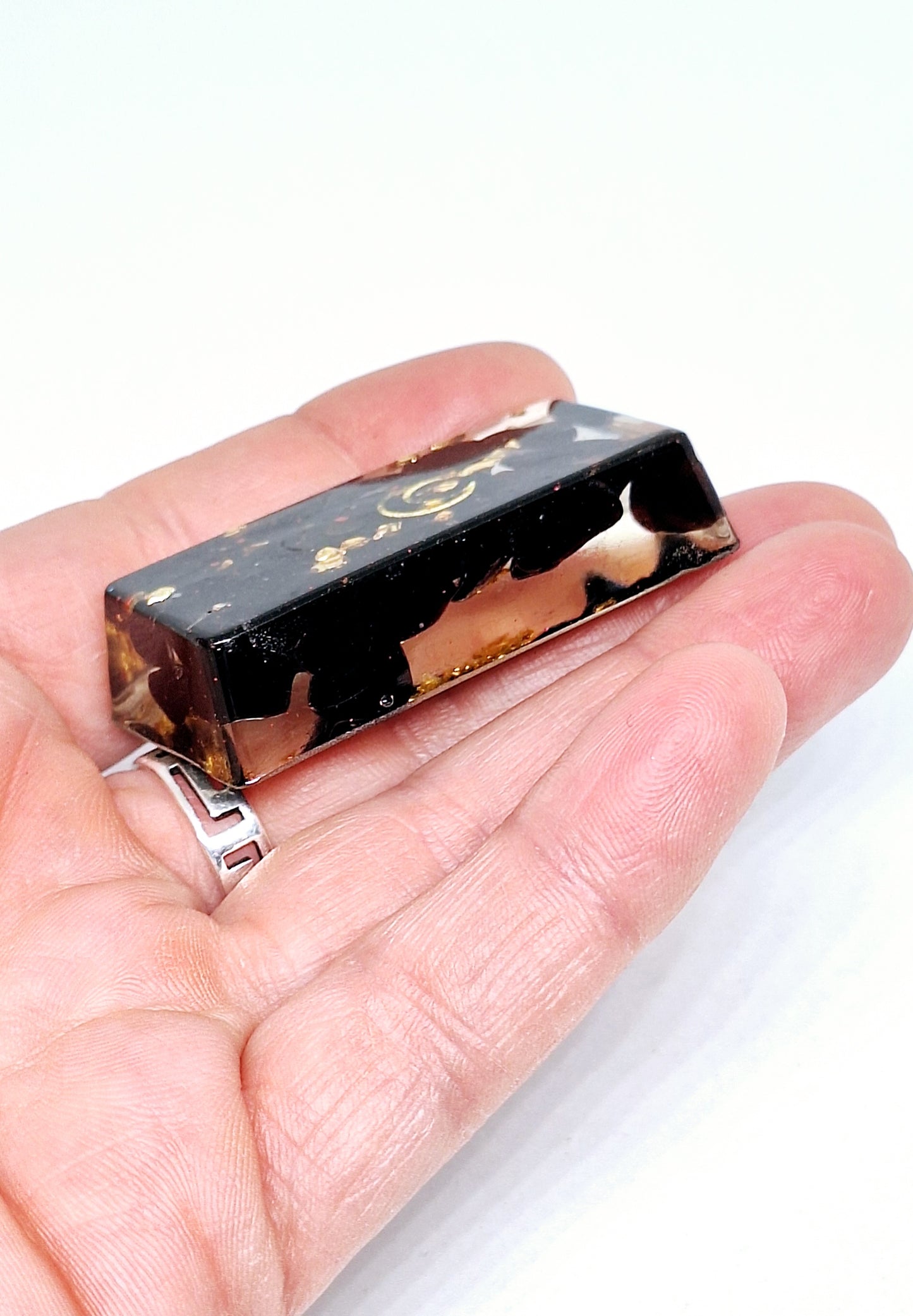 Orgonite lingot - Obsidienne, lune, acier doré