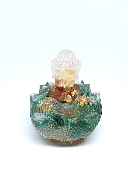 Orgonite Bouddha agate rouge dans sa fleur de lotus en agate verte 🪷