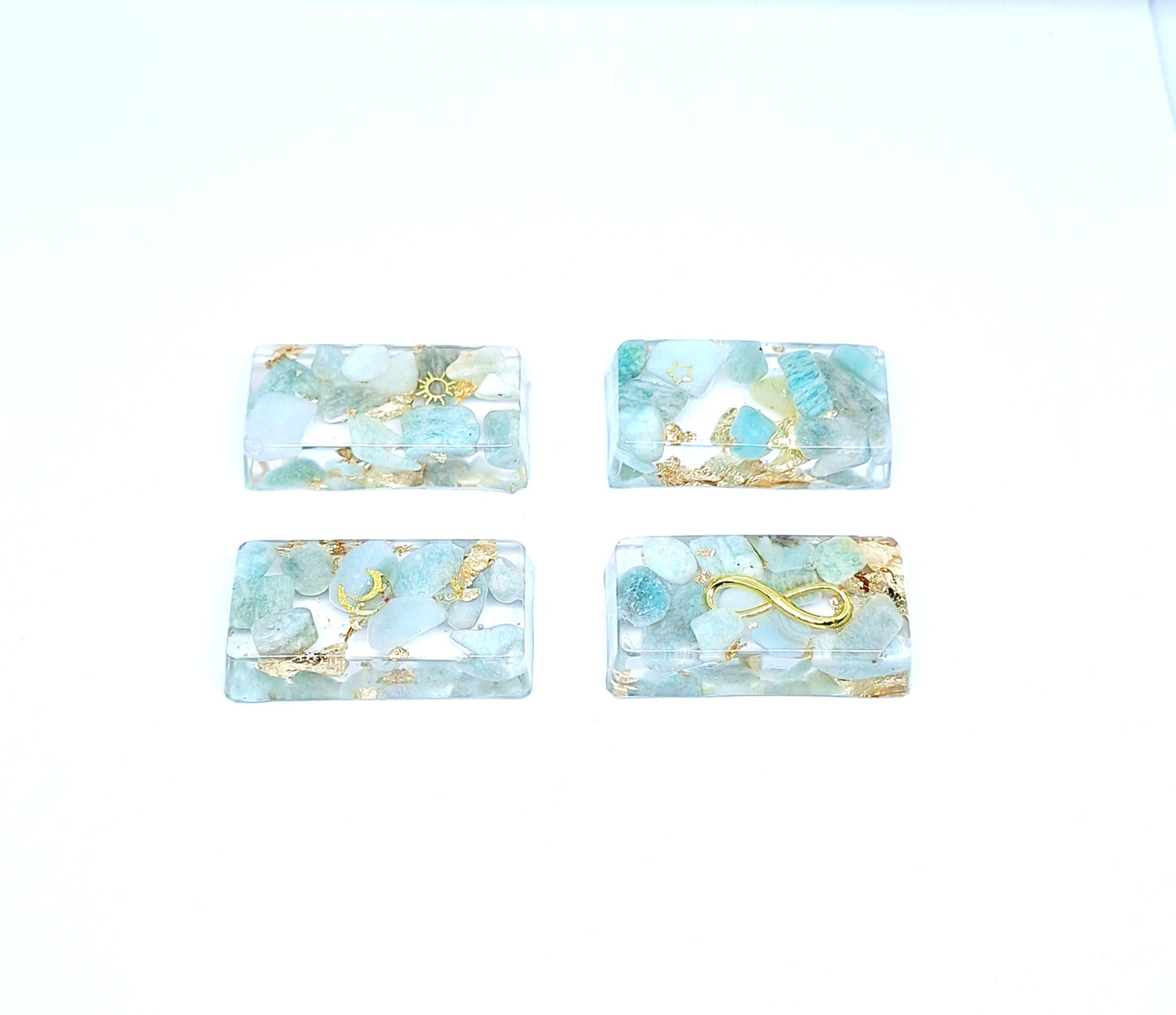 Orgonite lingot - Amazonite, soleil, lune, infini ou étoile, or