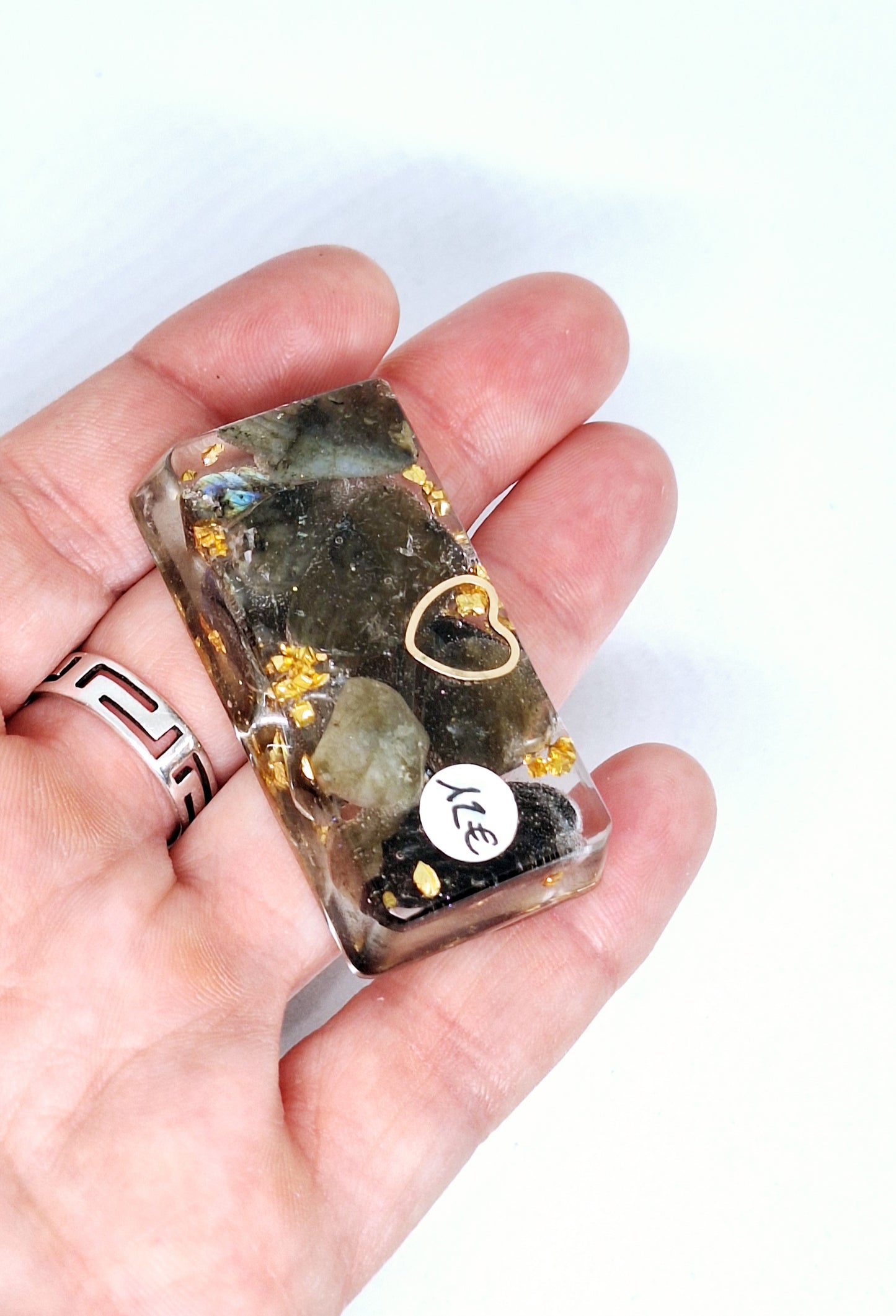 Orgonite lingot - Labradorite, cœur, acier doré