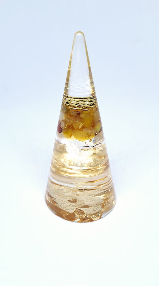 Orgonite cône XL - Agate jaune, Métatron, or