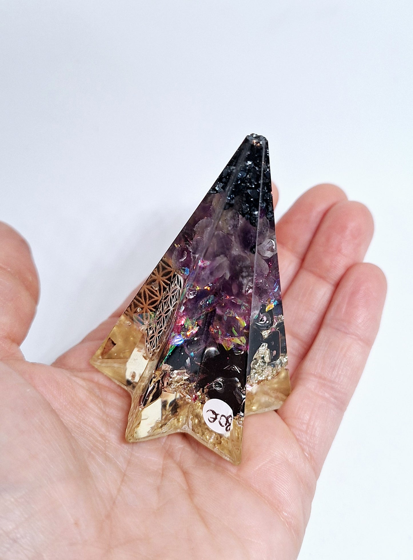 Orgonite - Poligone étoilée, fleur de vie, améthyste et obsidienne, aluminium