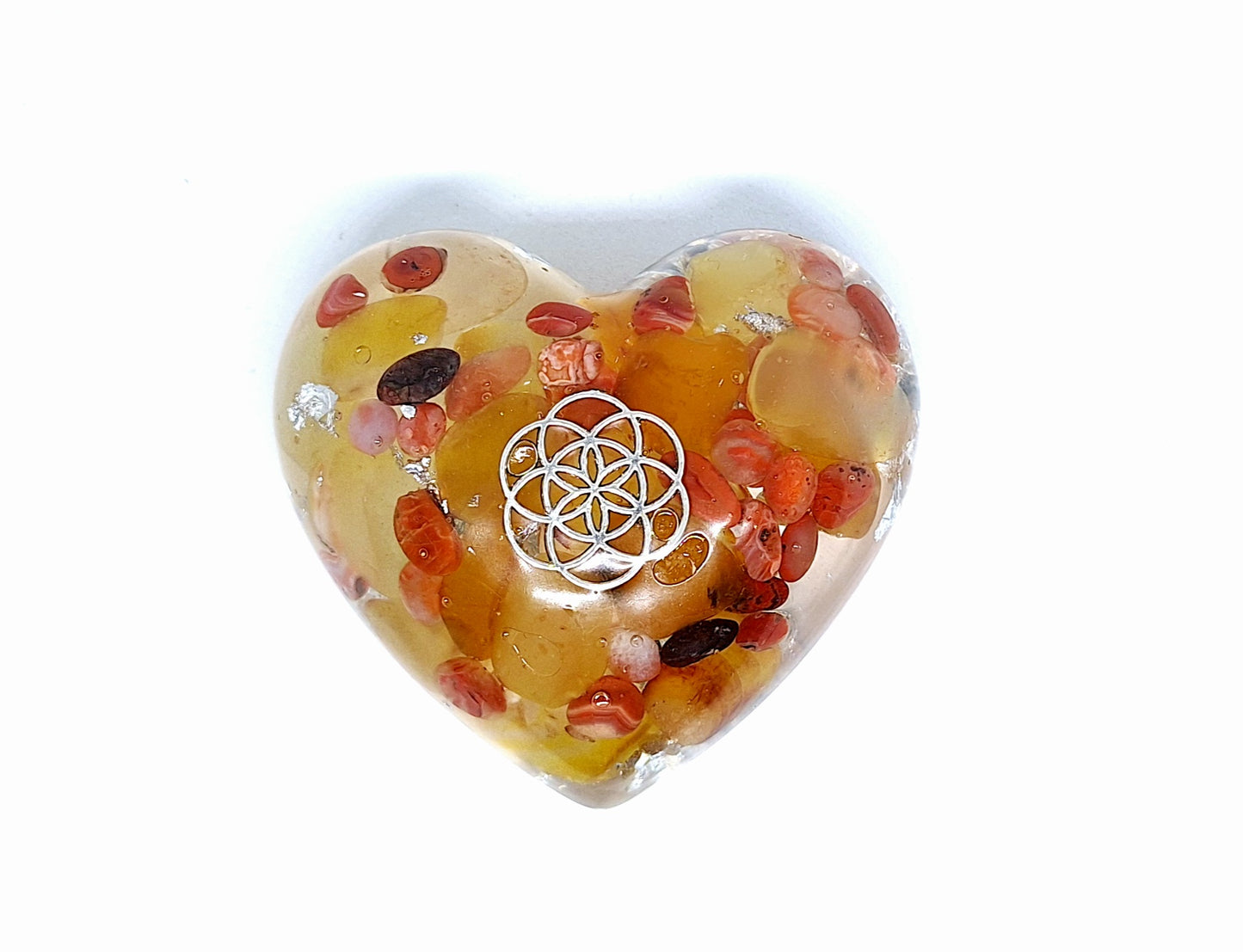 Orgonite Cœur XL - Agate jaune et jaspe rouge, aluminium, graine de vie 💛❤️