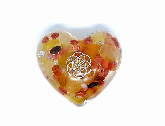 Orgonite Cœur XL - Agate jaune et jaspe rouge, aluminium, graine de vie 💛❤️