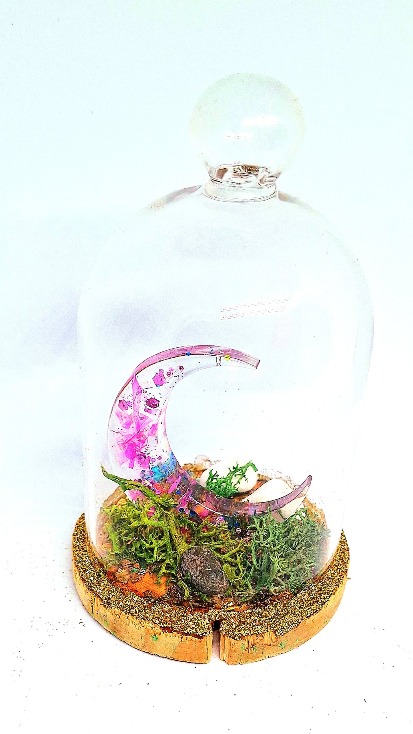 Lune rose sous cloche en verre