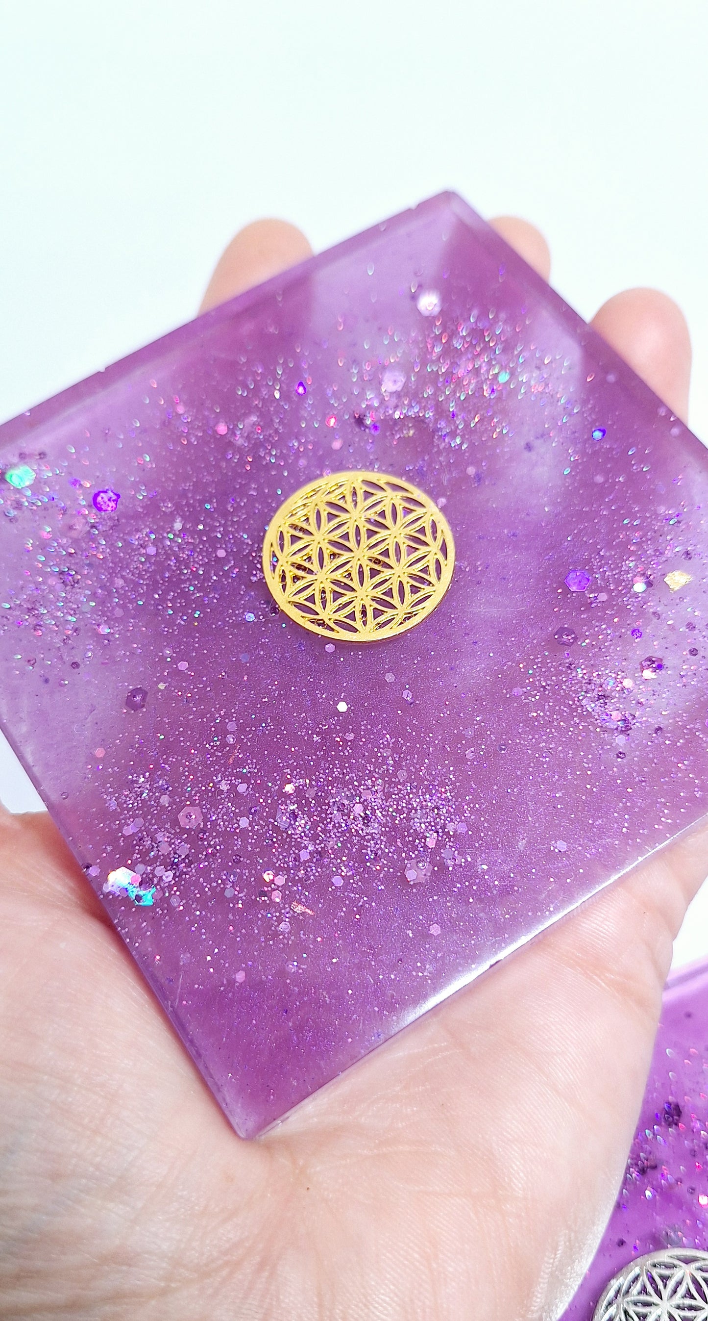 Plaque de rechargement carrée - Fleur de vie - Violet doré ou argenté