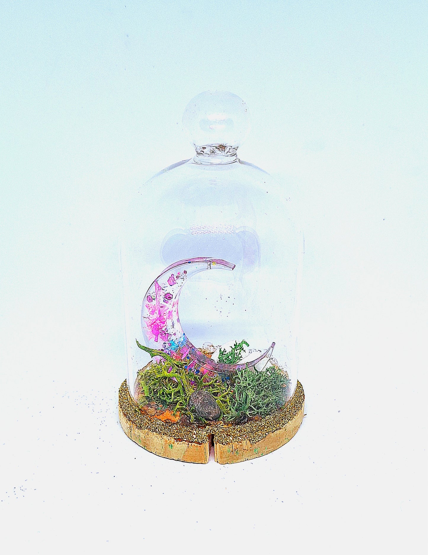Lune rose sous cloche en verre