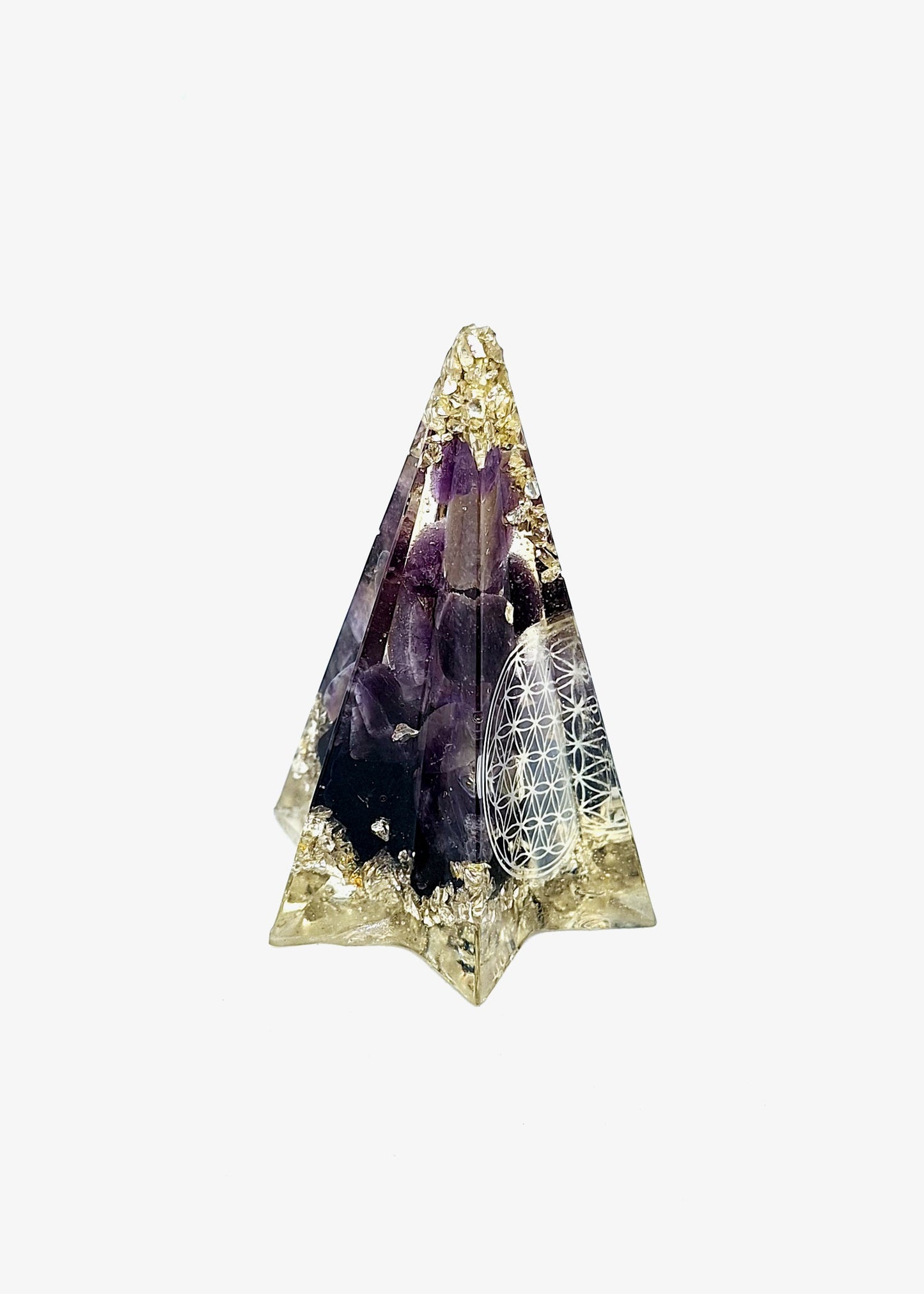 Orgonite - Poligone étoilée, fleur de vie, améthyste et obsidienne, aluminium