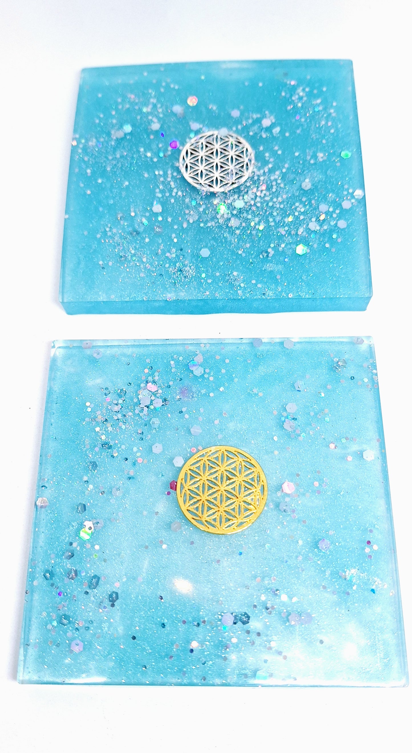 Plaque de rechargement carrée - Fleur de vie - Bleu clair doré ou argenté
