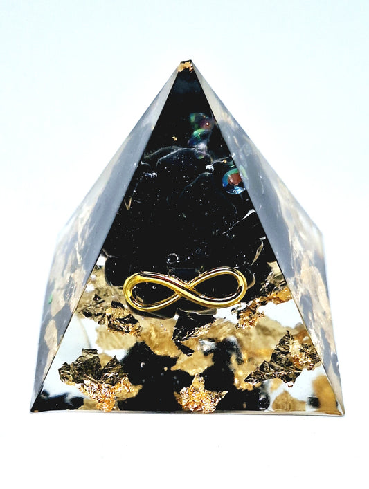 Orgonite pyramide L - Obsidienne, or, infini 🖤