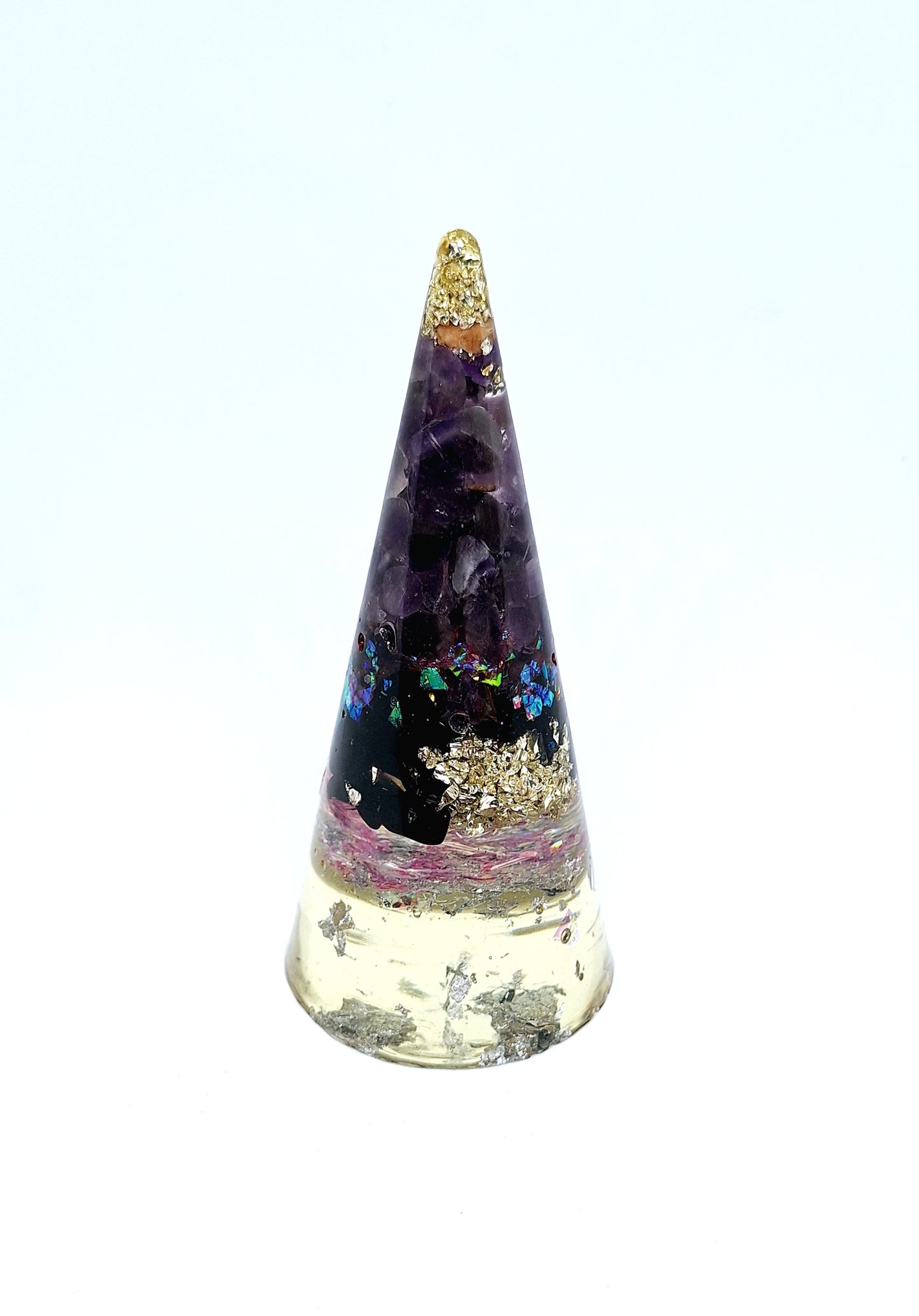 Orgonite cône XL - Améthyste, Obsidienne, fleur de vie et aluminium