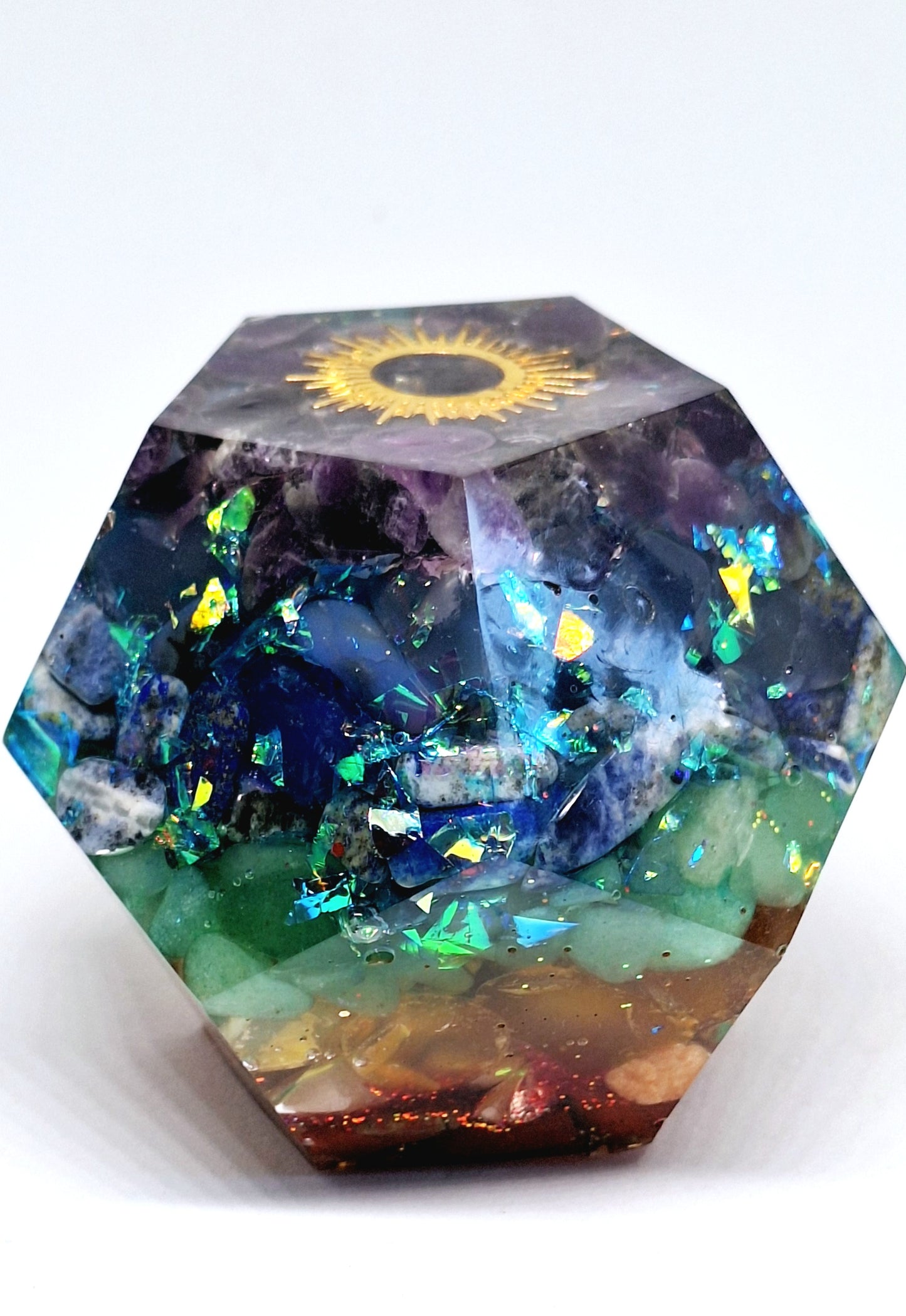 Orgonite Dodécagone de rééquilibrage global et d'harmonisation des chakras XL - Soleil et aluminium doré