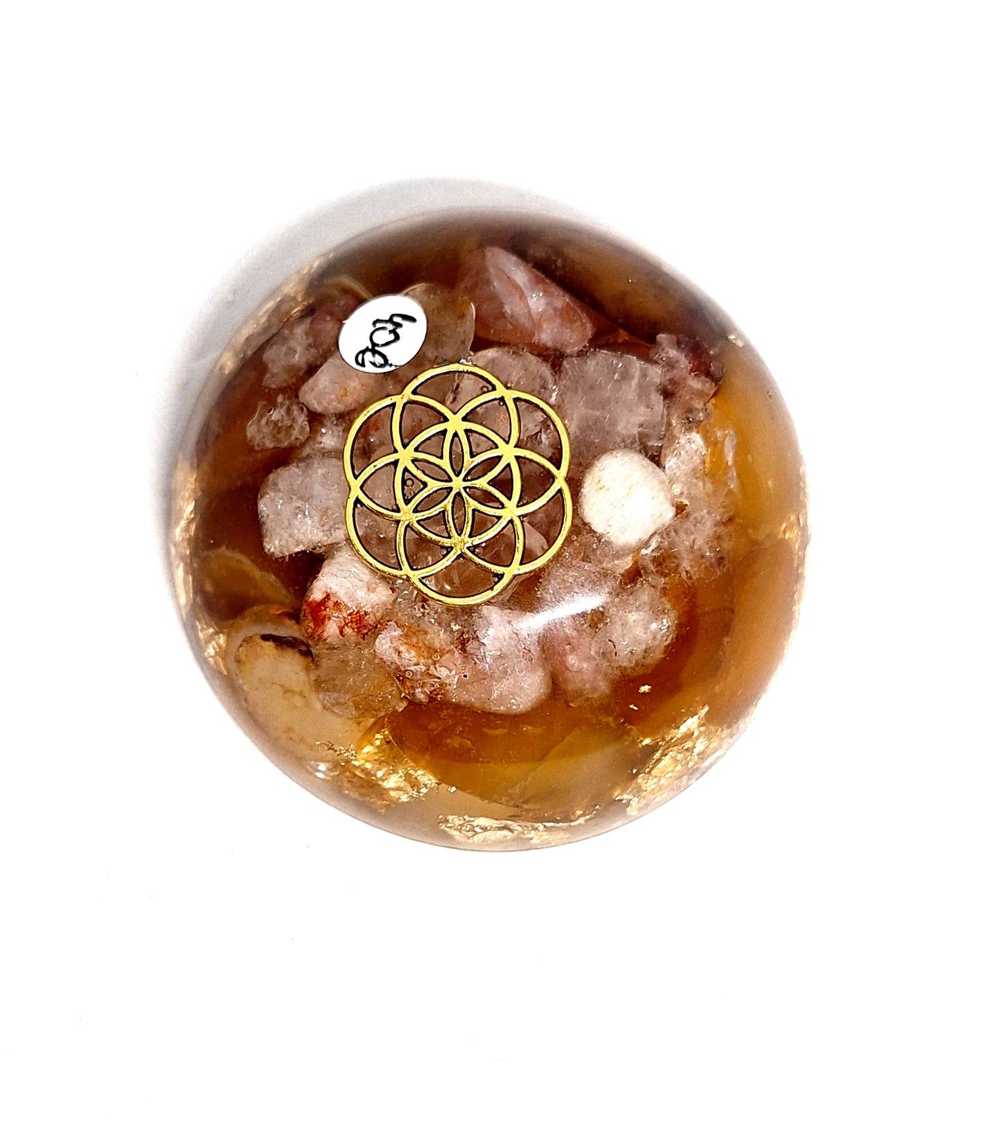 Orgonite dôme - Quartz hematoïde et agate jaune, graine de vie, or