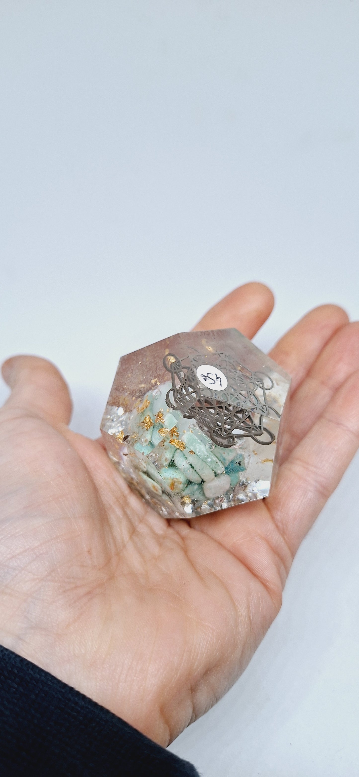 Orgonite Dodécaèdre Amazonite, Métatron, or et aluminium M