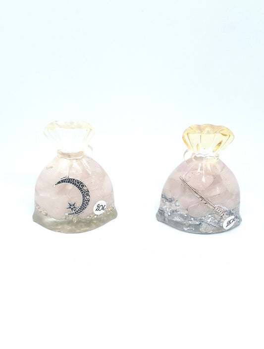 Orgonite Sachet - Quartz rose, plume ou lune étoilée, aluminium