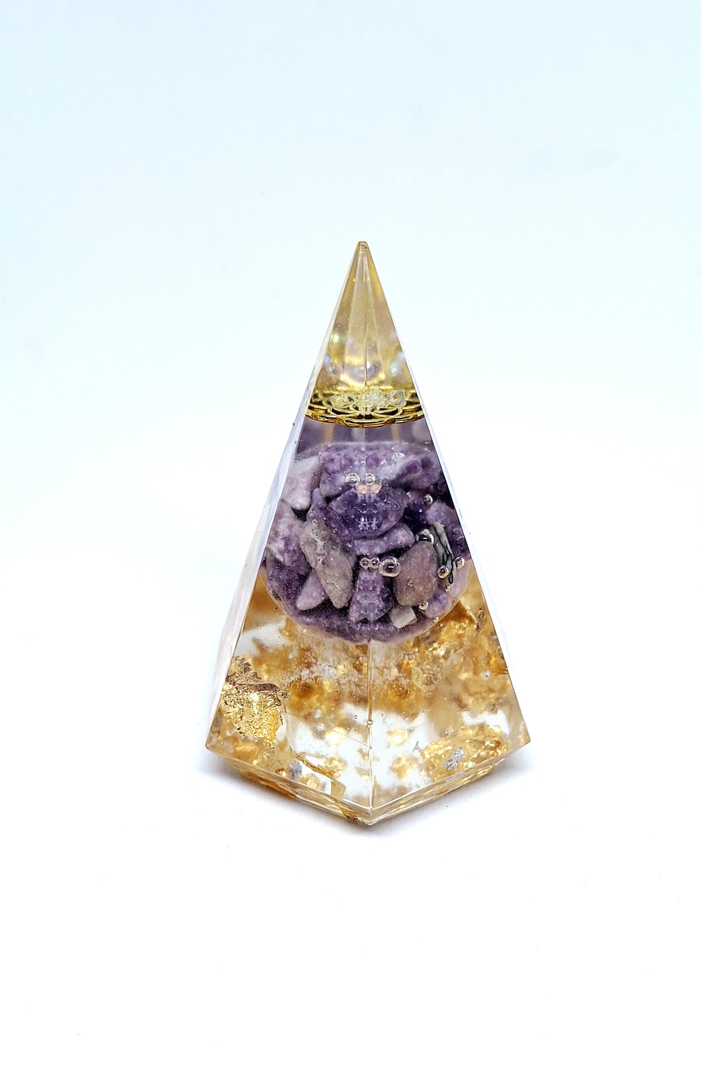 Orgonite - Pyramide pentagonale XL, graine de vie, lépidolite, or
