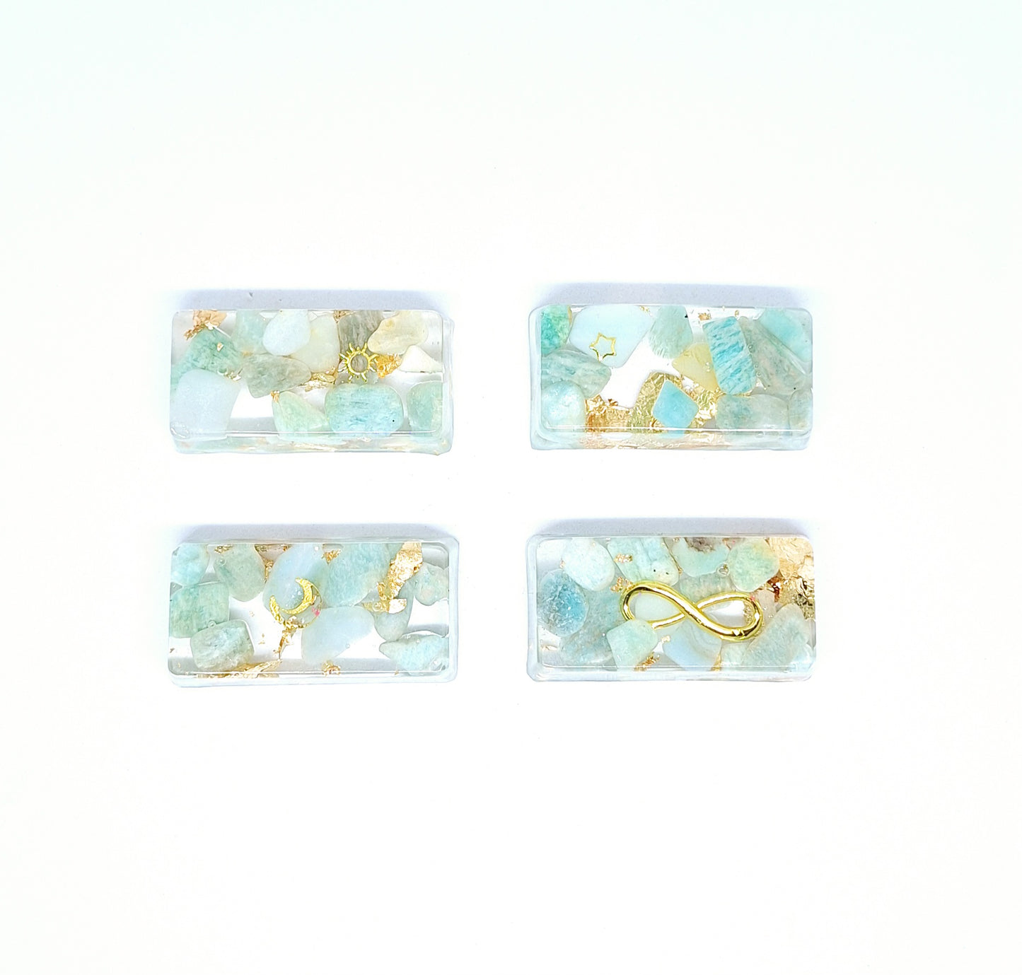 Orgonite lingot - Amazonite, soleil, lune, infini ou étoile, or