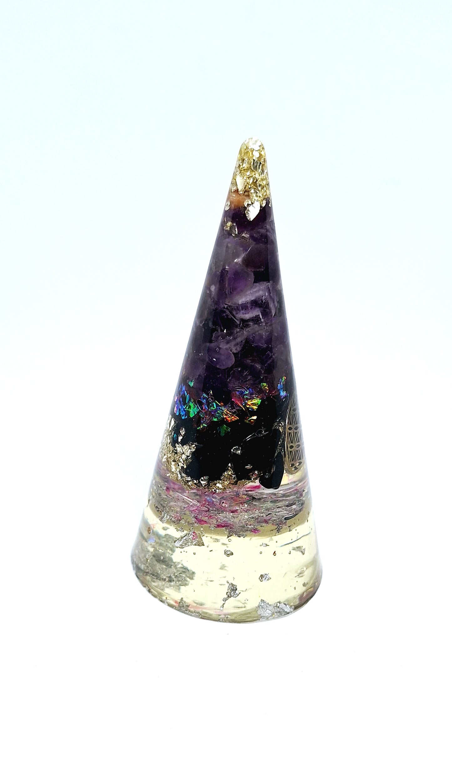 Orgonite cône XL - Améthyste, Obsidienne, fleur de vie et aluminium