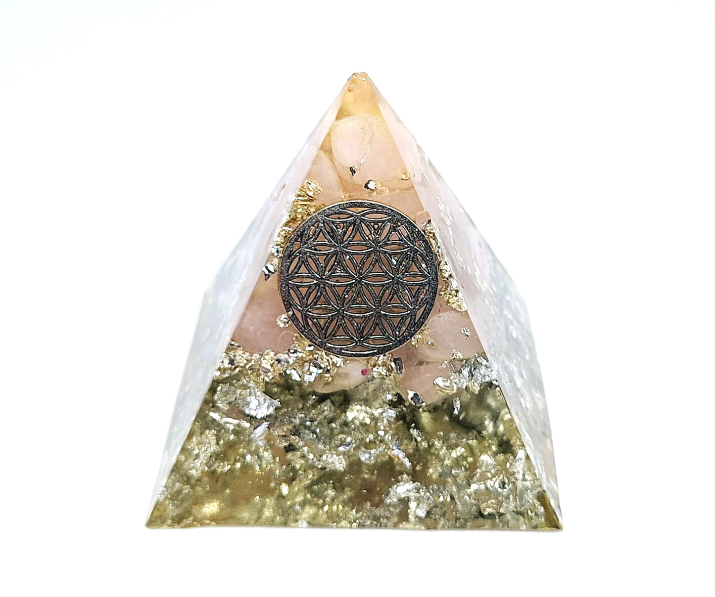Orgonite pyramide L - Quartz rose, aluminium, fleur de vie 🩷