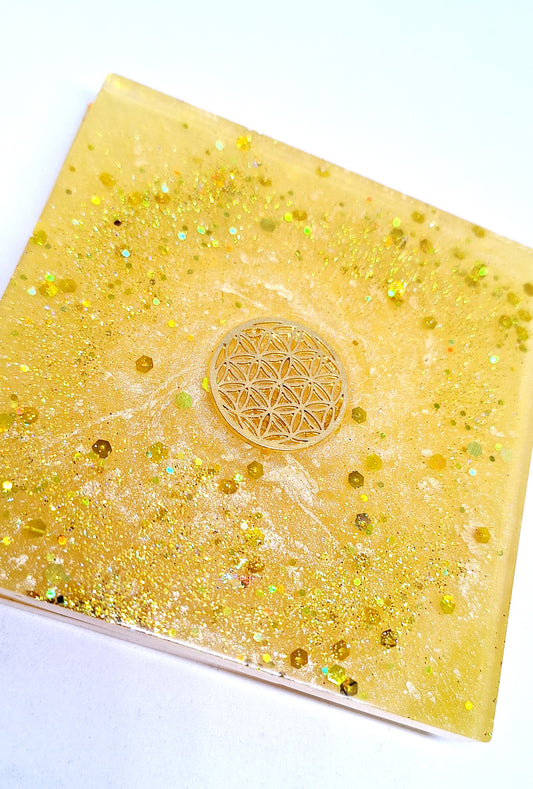 Plaque de rechargement carrée - Fleur de vie - Jaune doré