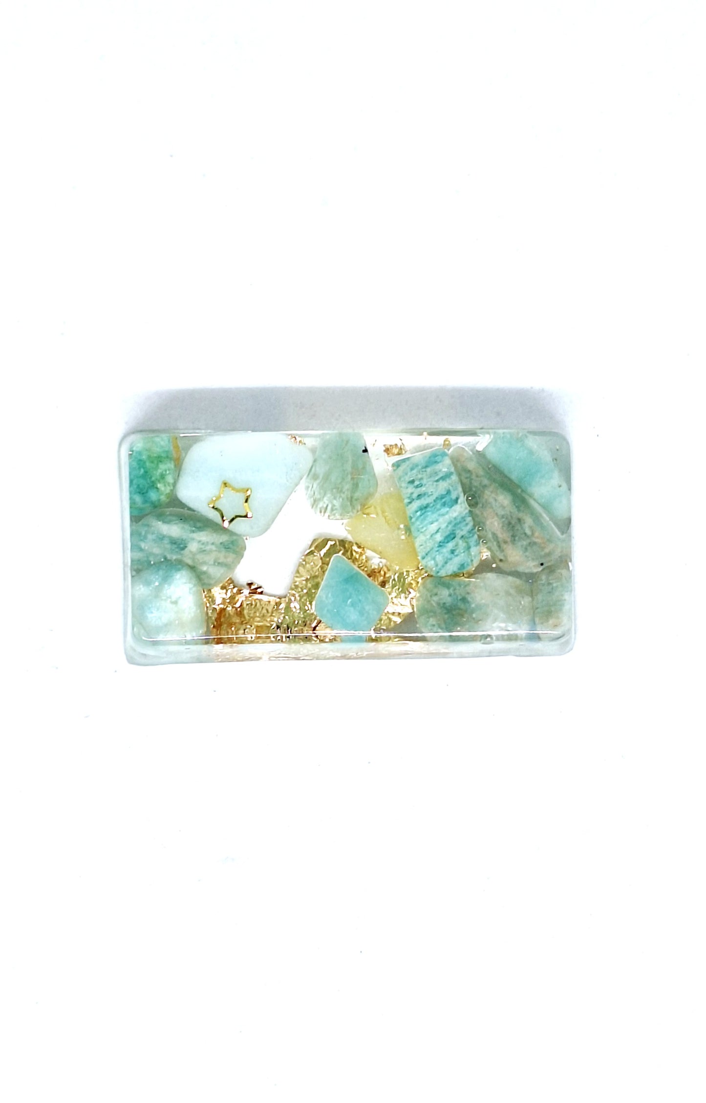 Orgonite lingot - Amazonite, soleil, lune, infini ou étoile, or