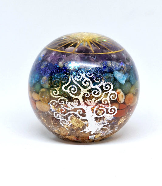 Orgonite Sphère de rééquilibrage global et d'harmonisation des chakras XL - Soleil, arbre de vie, or et aluminium